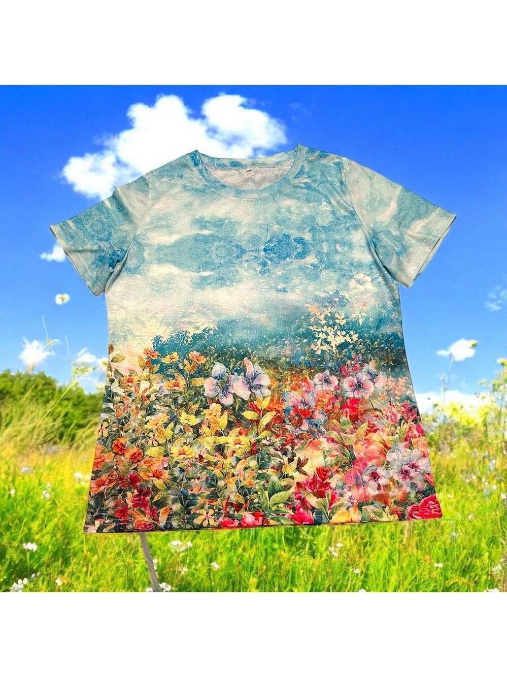 Cottage Core Floral Tee Shirt Blouse Top Womens M Multicolor Field Of Flowers